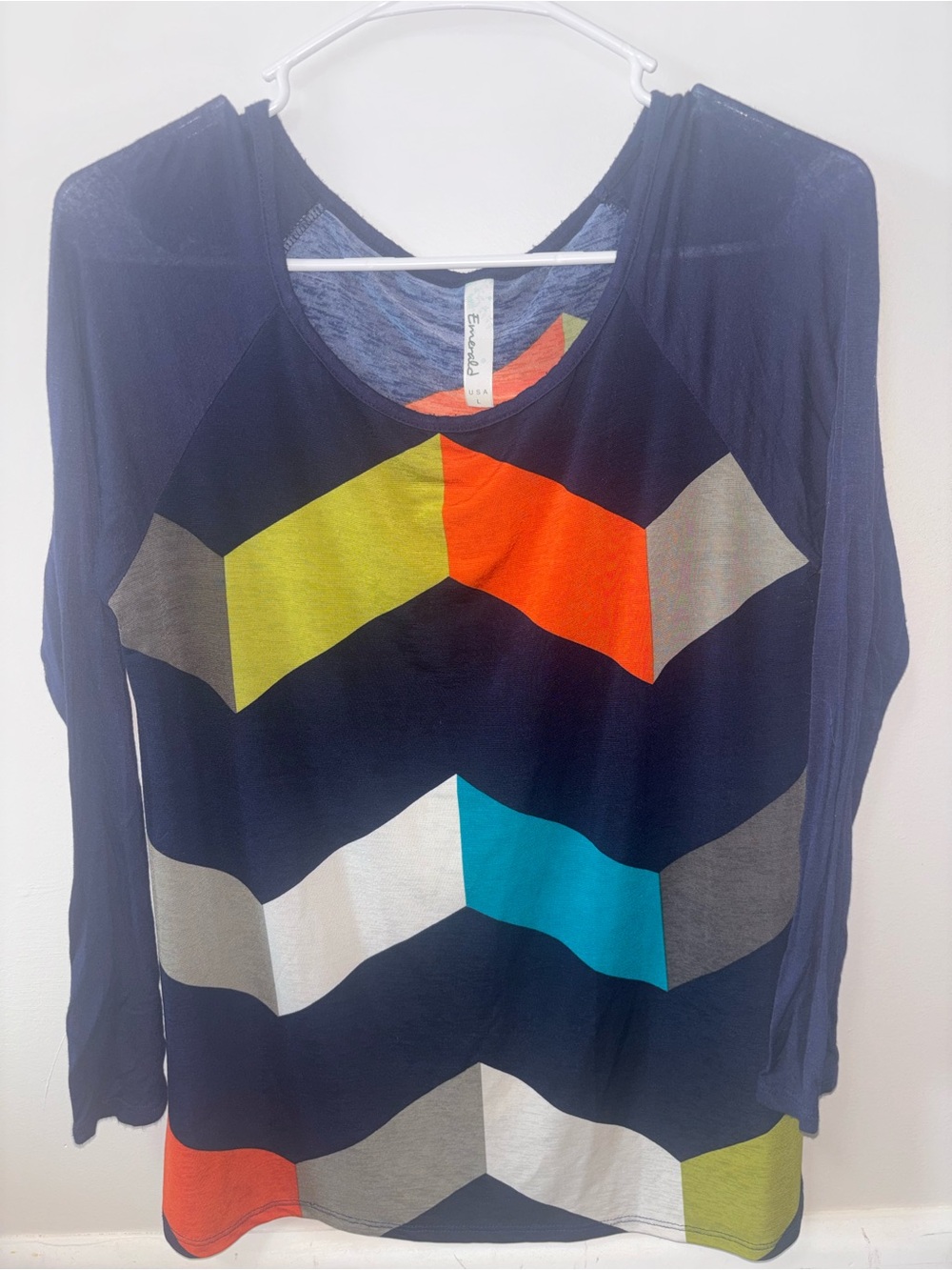 Emerald Navy Long-Sleeve Chevron Top with Multi-Color Accents